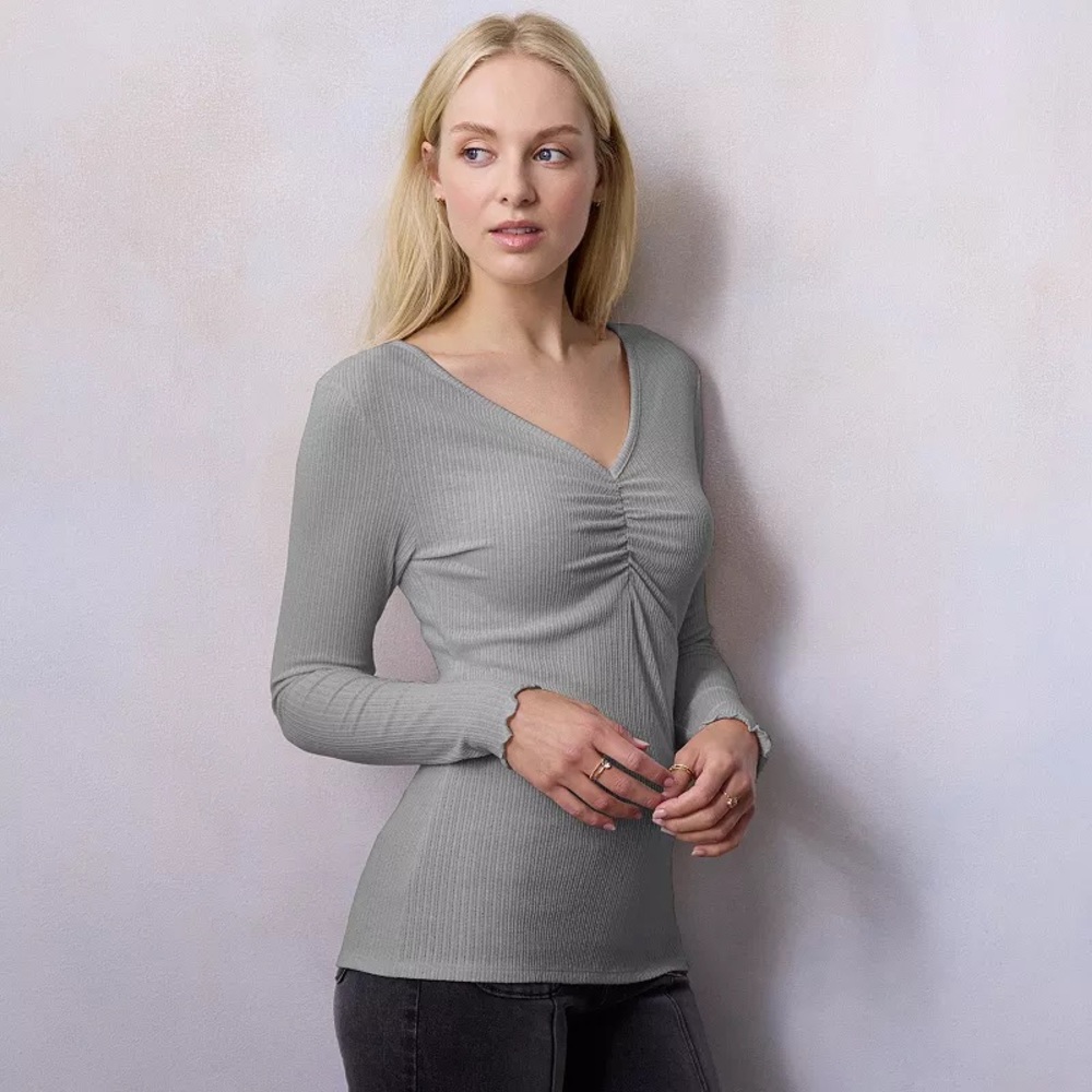 Lauren Conrad long sleeve ruched front v-neck top in gray
